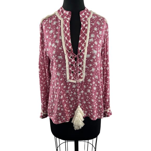 Poupette St Barth Pink White Top Printed Split-Neck Lace-Up Tassel Size Medium M - Picture 1 of 10
